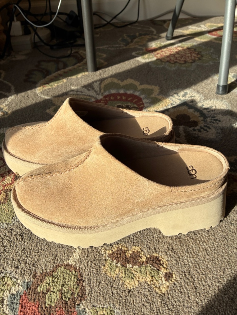 UGG Women's Sand Suede Platform New Heights  Mule Clogs
